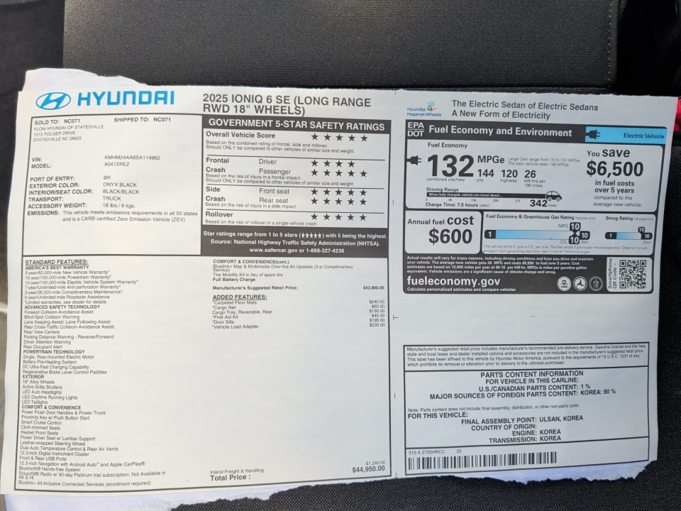 KMHM24AA8SA114962 2025 Hyundai IONIQ 6 SE