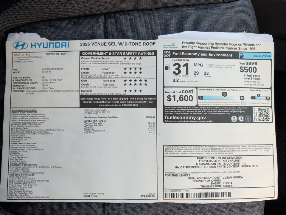 KMHRC8A33TU433018 2026 Hyundai Venue SEL w/Two-Tone Roof