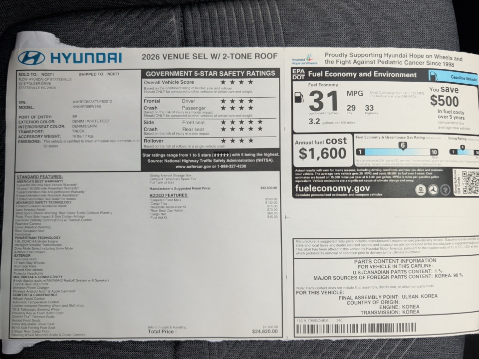 KMHRC8A3XTU483012 2026 Hyundai Venue SEL