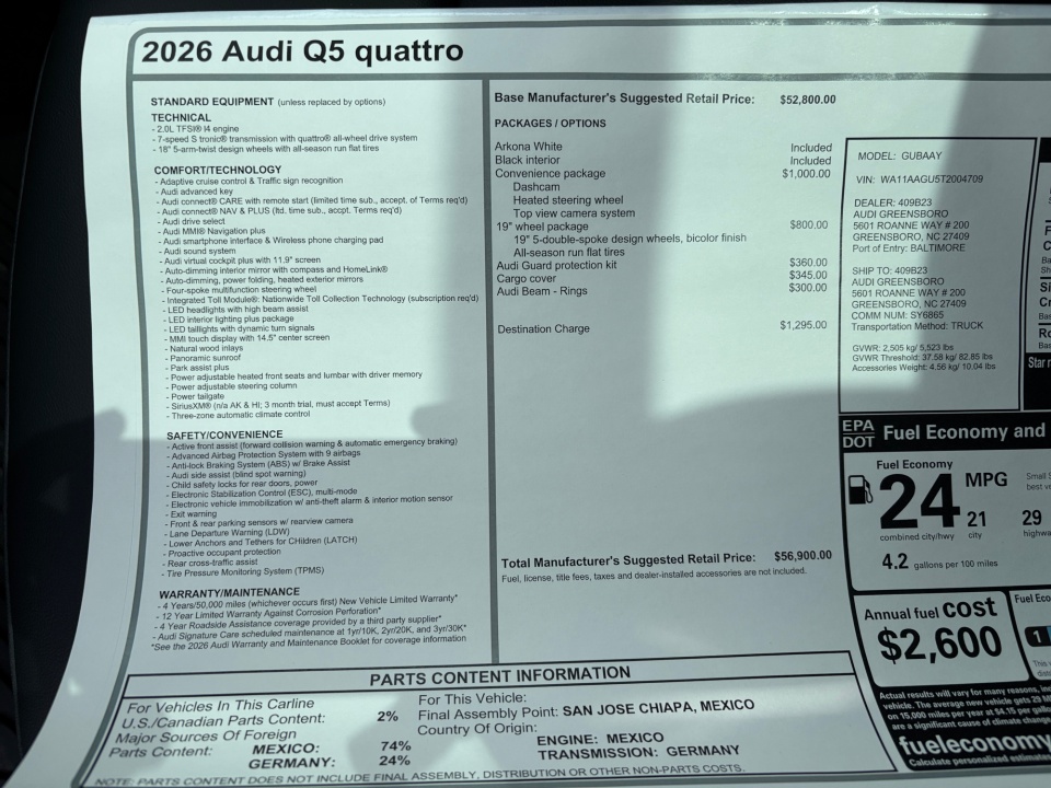 WA11AAGU5T2004709 2026 Audi Q5 Premium TFSI quattro S tronic