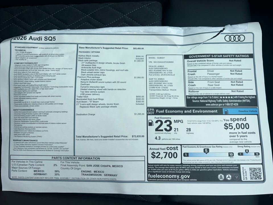 WA125AGU5T2026993 2026 Audi SQ5 Premium Plus TFSI quattro S tronic