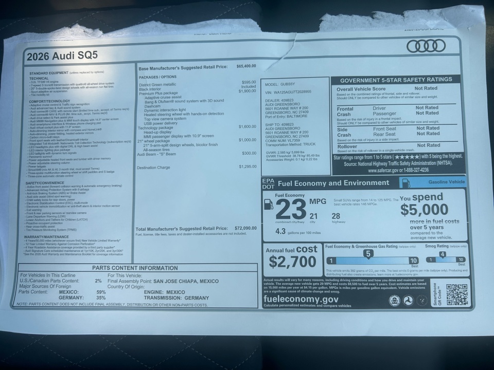 WA125AGU7T2028955 2026 Audi SQ5 Premium Plus TFSI quattro S tronic