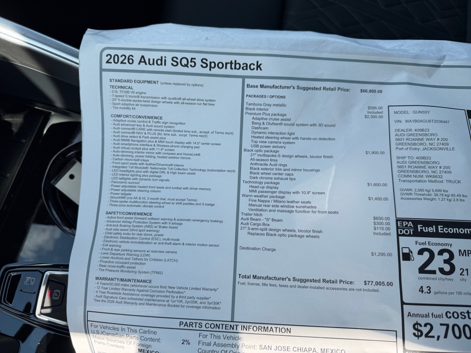 WA1B5AGU6T2036447 2026 Audi SQ5 Sportback Premium Plus TFSI quattro S tronic
