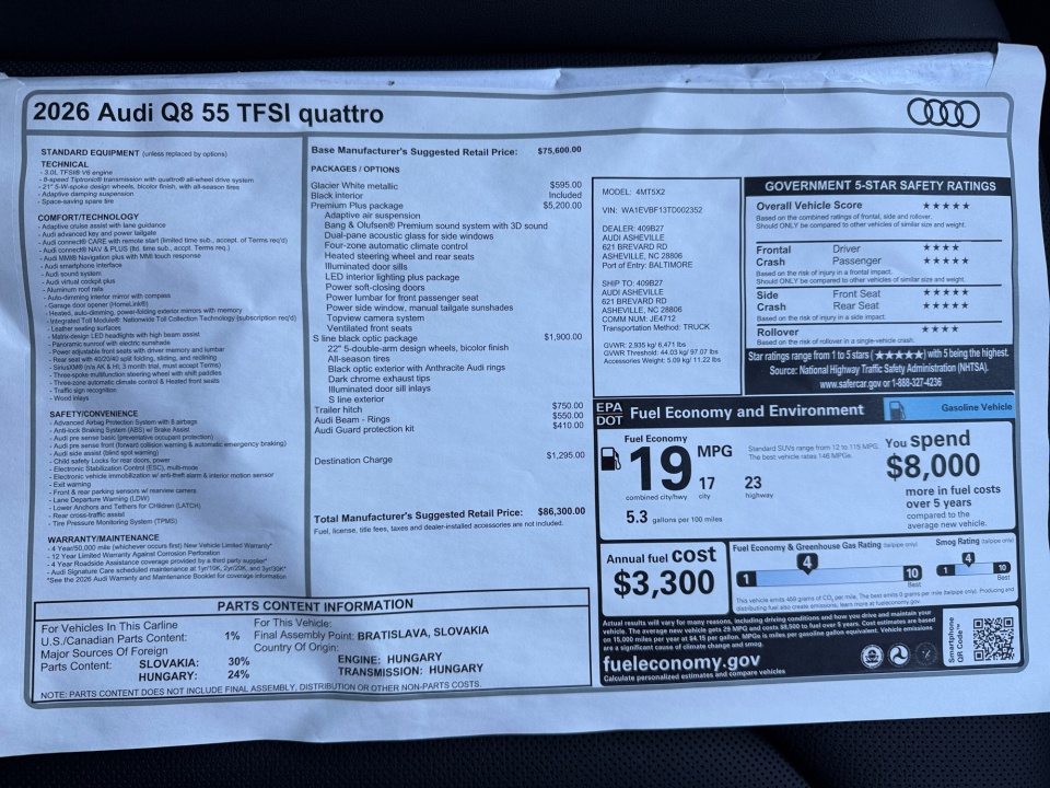 WA1EVBF13TD002352 2026 Audi Q8 Premium Plus 55 TFSI quattro Tiptronic
