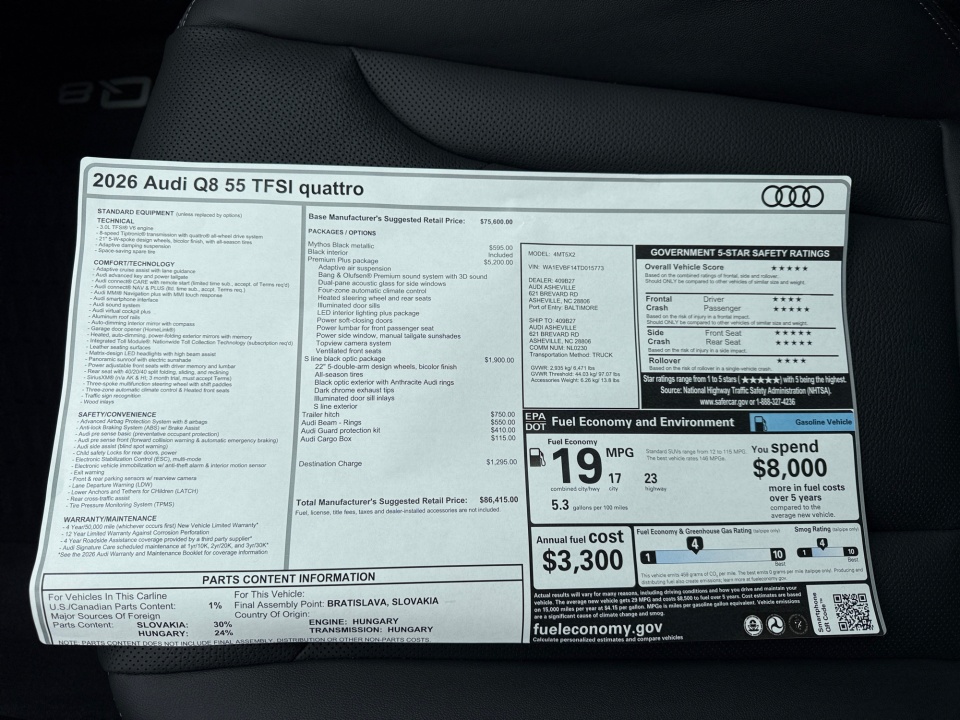 WA1EVBF14TD015773 2026 Audi Q8 Premium Plus 55 TFSI quattro Tiptronic