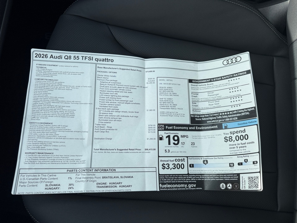 WA1EVBF19TD017308 2026 Audi Q8 Premium Plus 55 TFSI quattro Tiptronic