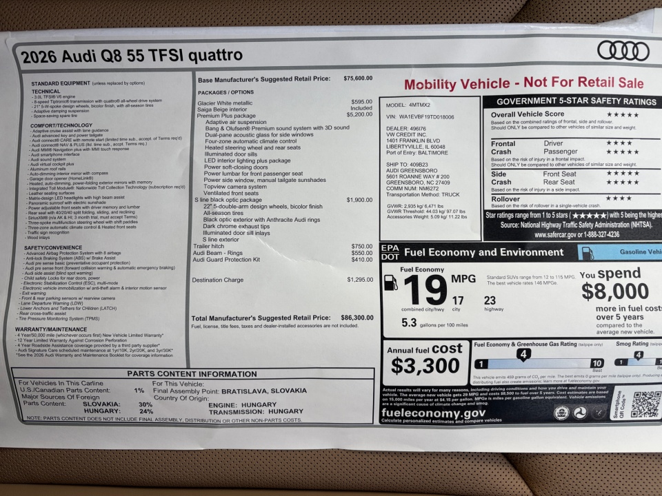 WA1EVBF19TD018006 2026 Audi Q8 Premium Plus 55 TFSI quattro Tiptronic