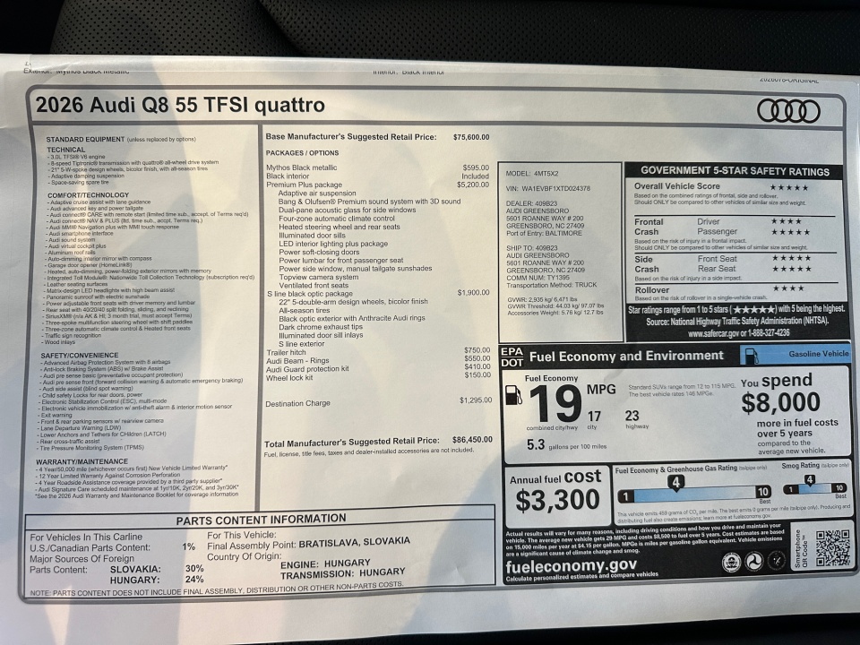 WA1EVBF1XTD024378 2026 Audi Q8 Premium Plus 55 TFSI quattro Tiptronic