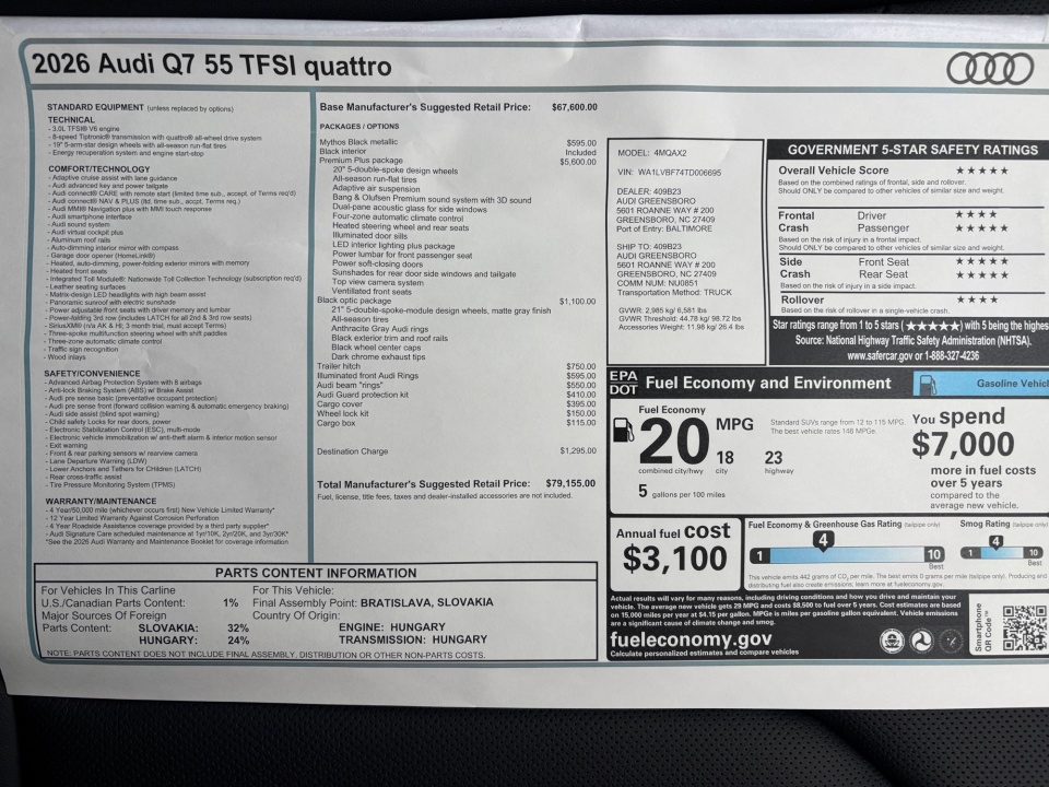 WA1LVBF74TD006695 2026 Audi Q7 Premium Plus 55 TFSI quattro tiptronic