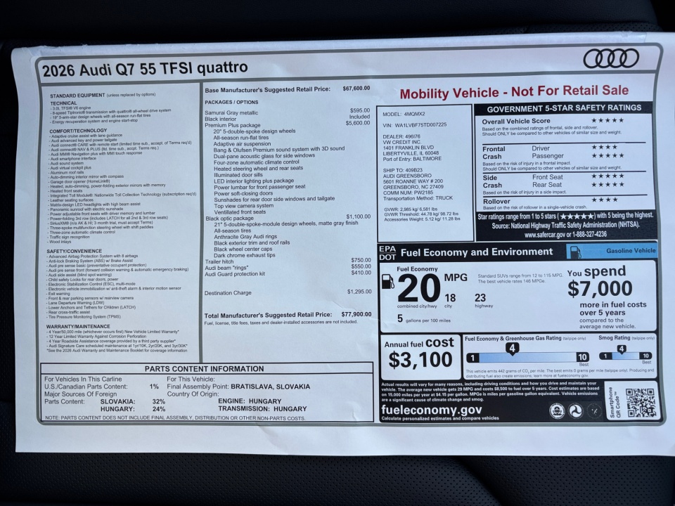 WA1LVBF75TD007225 2026 Audi Q7 Premium Plus 55 TFSI quattro tiptronic