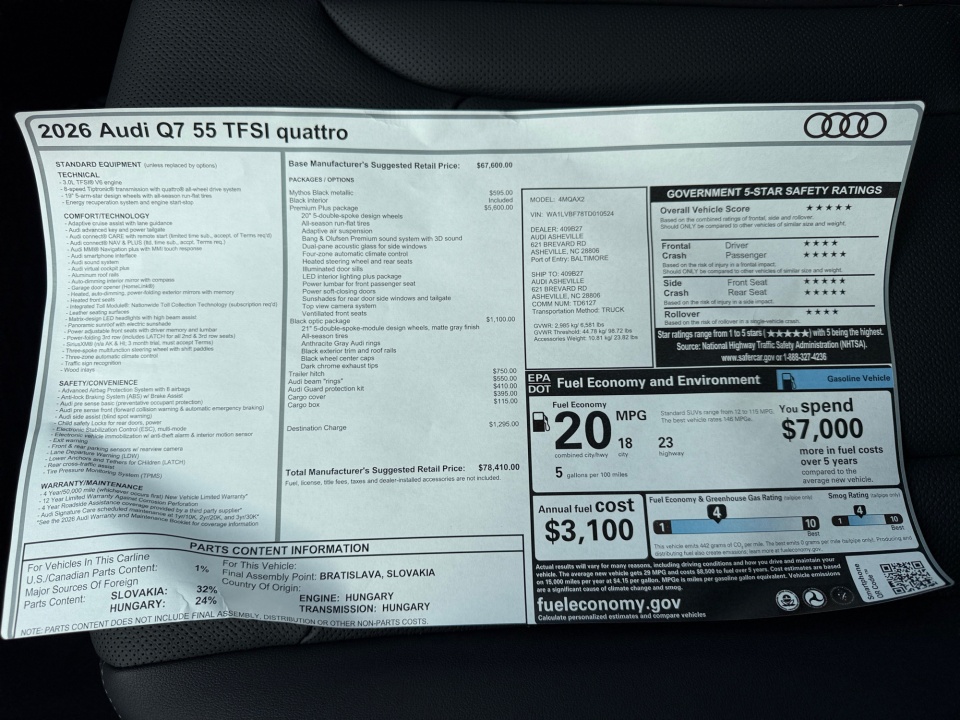 WA1LVBF78TD010524 2026 Audi Q7 Premium Plus 55 TFSI quattro tiptronic
