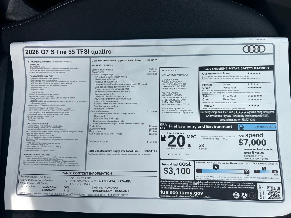 WA1MVBF74TD016129 2026 Audi Q7 S line Premium Plus