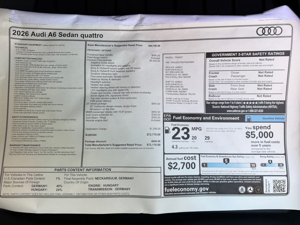 WAU25CFN0TN053669 2026 Audi A6 Premium Plus