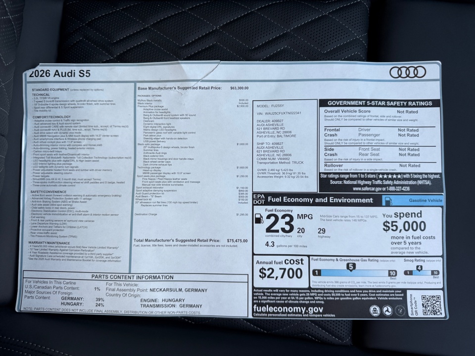 WAU25CFUXTN022341 2026 Audi S5 Premium Plus TFSI quattro S tronic