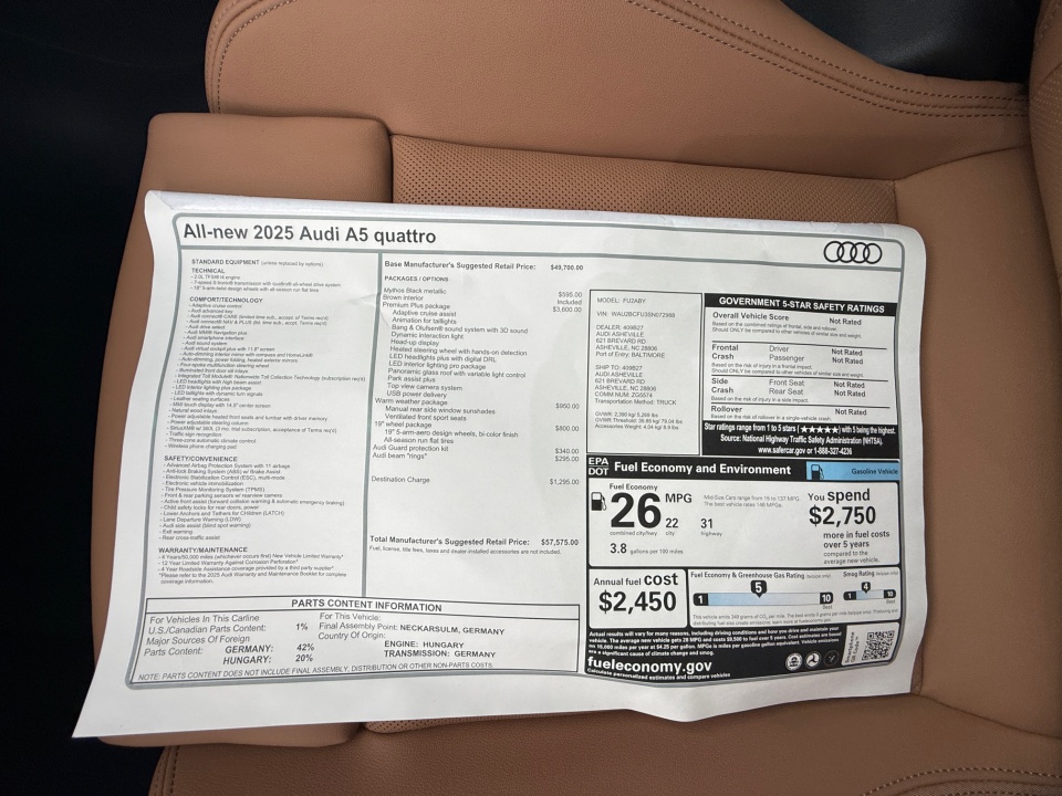 WAU2BCFU3SN072988 2025 Audi A5 Premium Plus