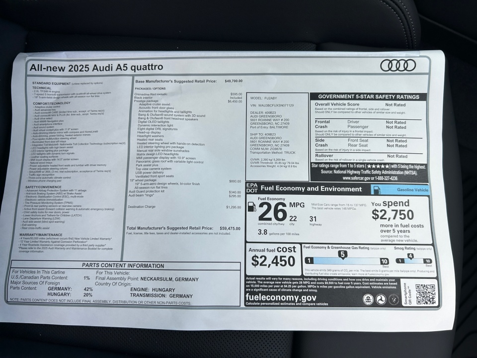 WAU3BCFUXSN071129 2025 Audi A5 Prestige