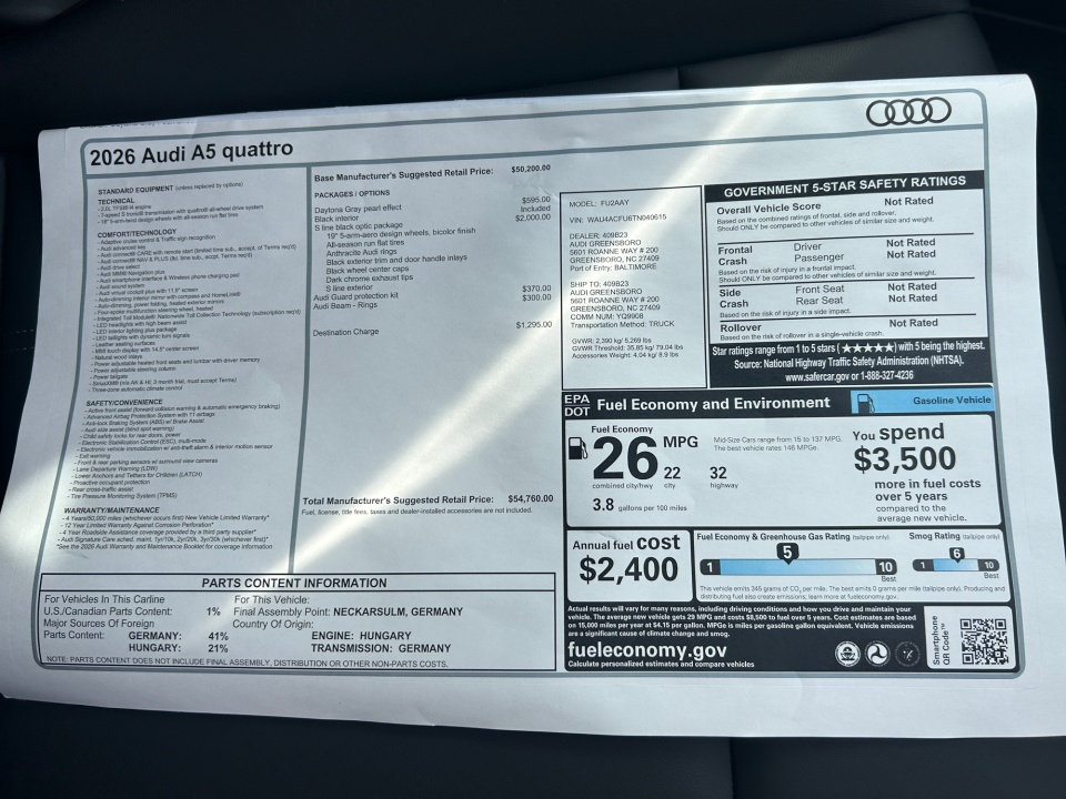 WAU4ACFU6TN040615 2026 Audi A5 Premium