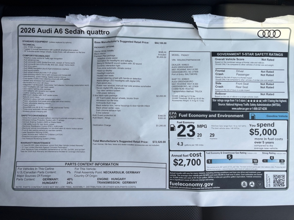 WAU55CFN9TN030338 2026 Audi A6 Premium Plus quattro S tronic