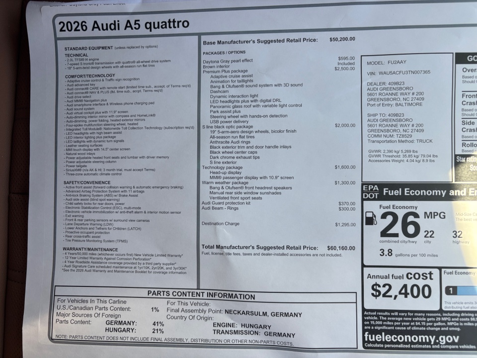 WAU5ACFU3TN007365 2026 Audi A5 Premium Plus TFSI quattro S tronic