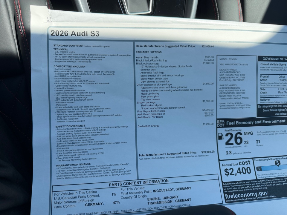 WAUG5DGY7TA110333 2026 Audi S3 TFSI quattro S tronic