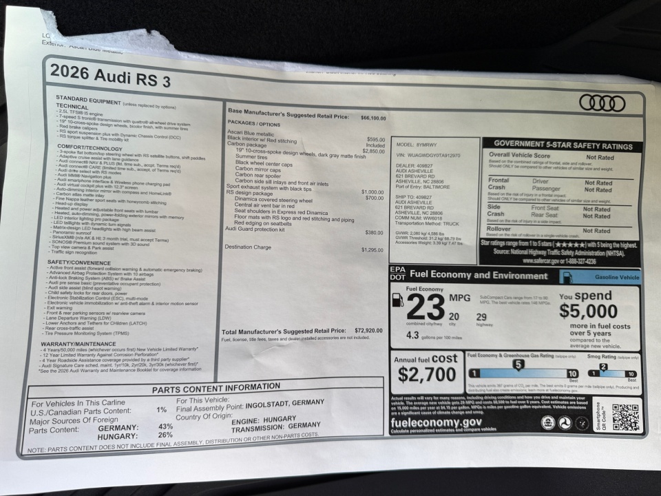 WUAGWDGY0TA912970 2026 Audi RS 3
